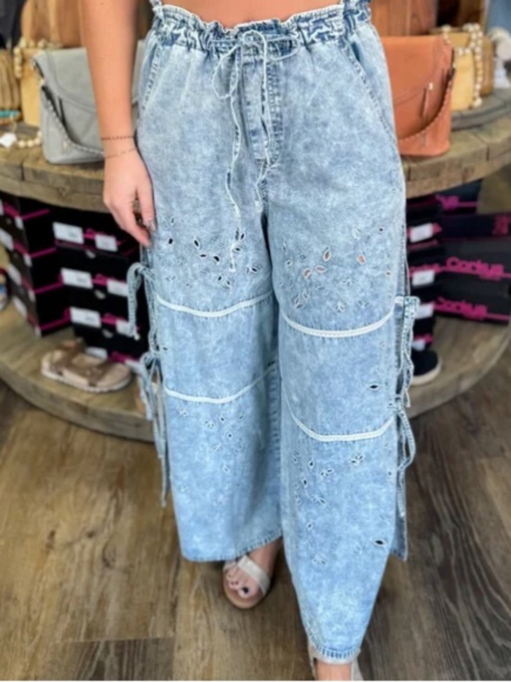 Oversized. POL Light Acid-Wash Blue Wide-Leg Jeans.  Eyelet Cutouts & Side Ties